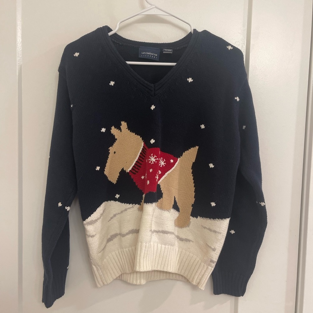 Vintage Navy Dog Christmas Winter Holiday Grandmacore Pullover Sweater
